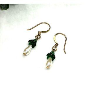 Green Glass Flower and Faux Pearl Drop Earrings With Gold Hooks